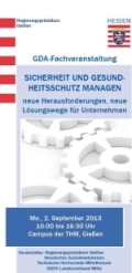Cover Einladungsflyer GDA-Fachveranstaltung: "Sicherheit und Gesundheitsschutz managen - neue Herausforderungen, neue Lösungswege für Unternehmen", 2. September 2013, Gießen