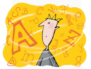 Die Illustration zeigt einen Mann, der von den Buchstaben des Alphabets umringt ist.  Quelle: Birte Cordes/GDA Psyche  Die Illustration zeigt einen Mann, der von den Buchstaben des Alphabets umringt ist.  Quelle: Birte Cordes/GDA Psyche