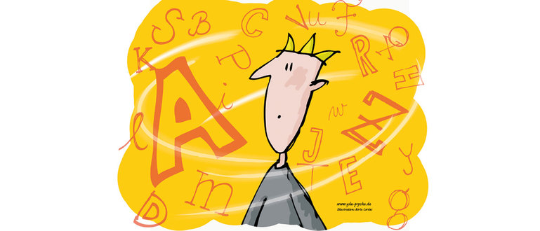 Die Illustration zeigt einen Mann, der von den Buchstaben des Alphabets umringt ist.  Die Illustration zeigt einen Mann, der von den Buchstaben des Alphabets umringt ist.